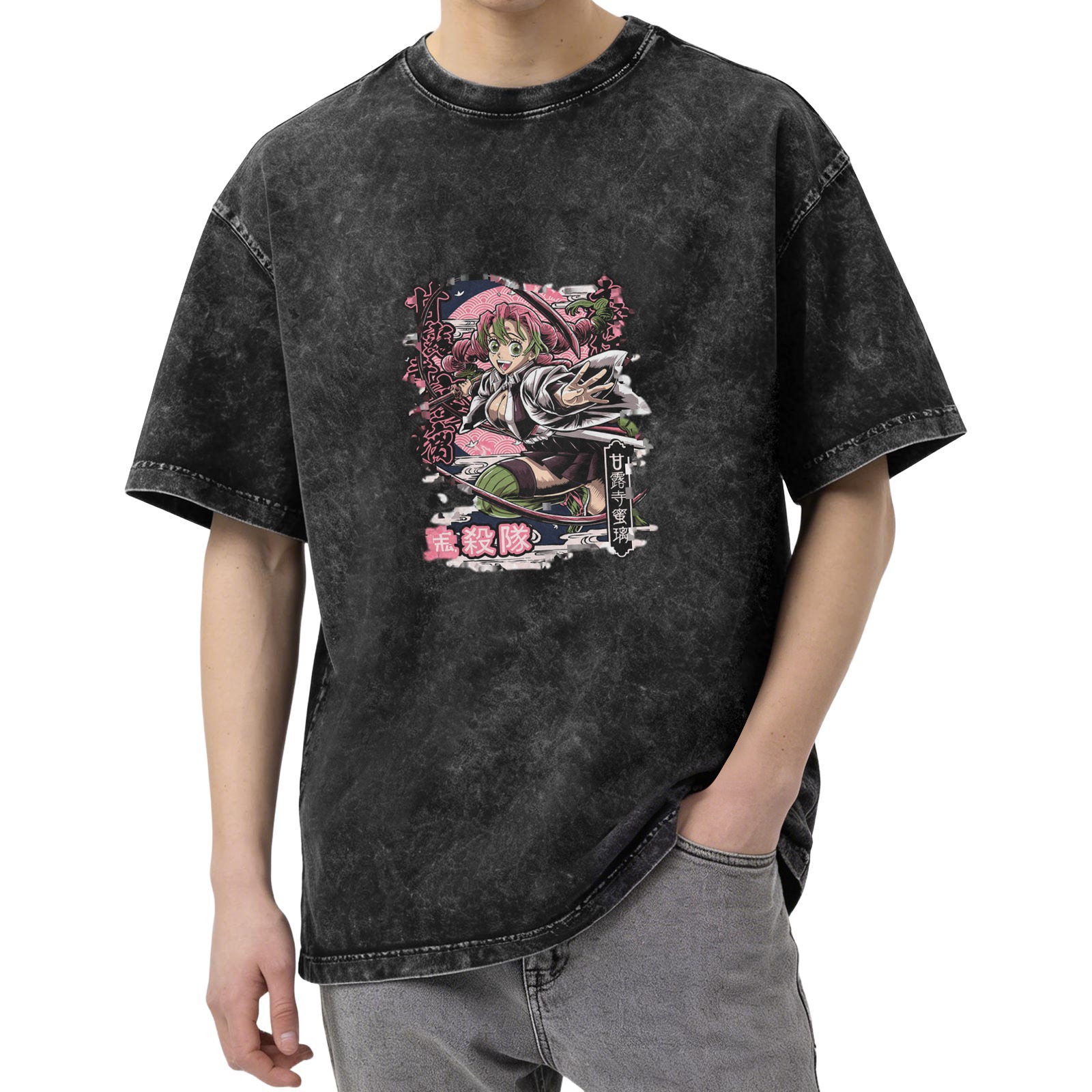 Oversized Washed Black Anime Demon Slayer Mitsuri Kanroji Graphic T-Shirt