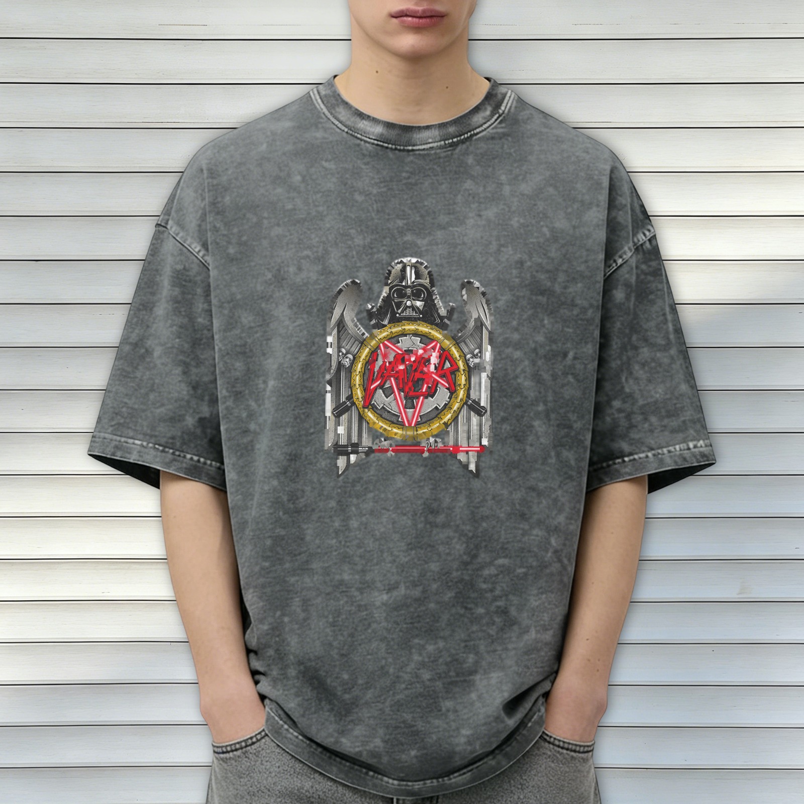 Washed black graphic t-shirt with Darth Vader and metal band style print