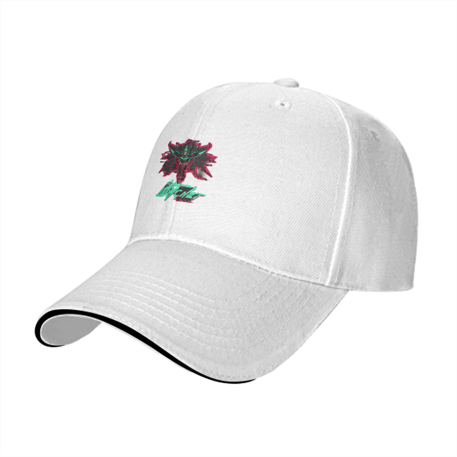 Black baseball cap with cyberpunk witcher wolf emblem graphic