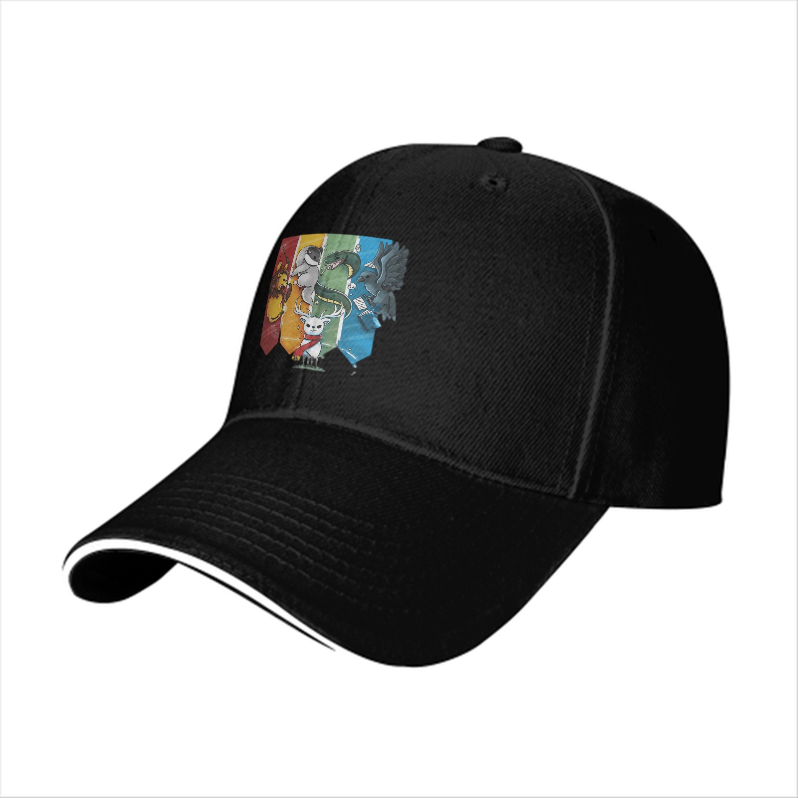 Black baseball cap with Harry Potter house mascots graphic