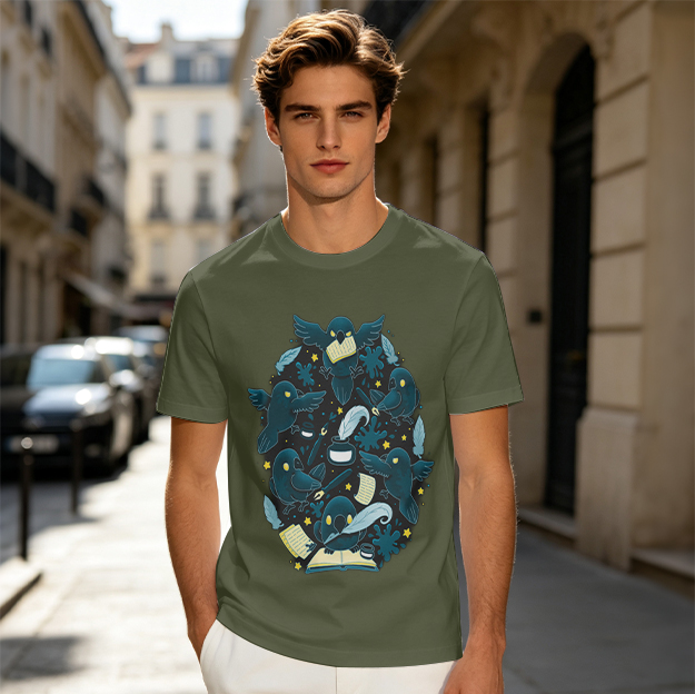 Olive T-Shirt With Whimsical Crow And Stationery Print