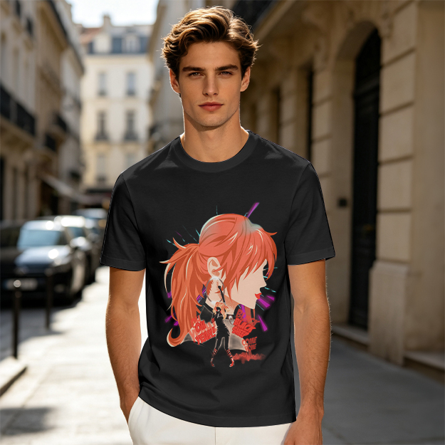 Olive T-Shirt with Anime Red-Haired Girl Profile Art Print