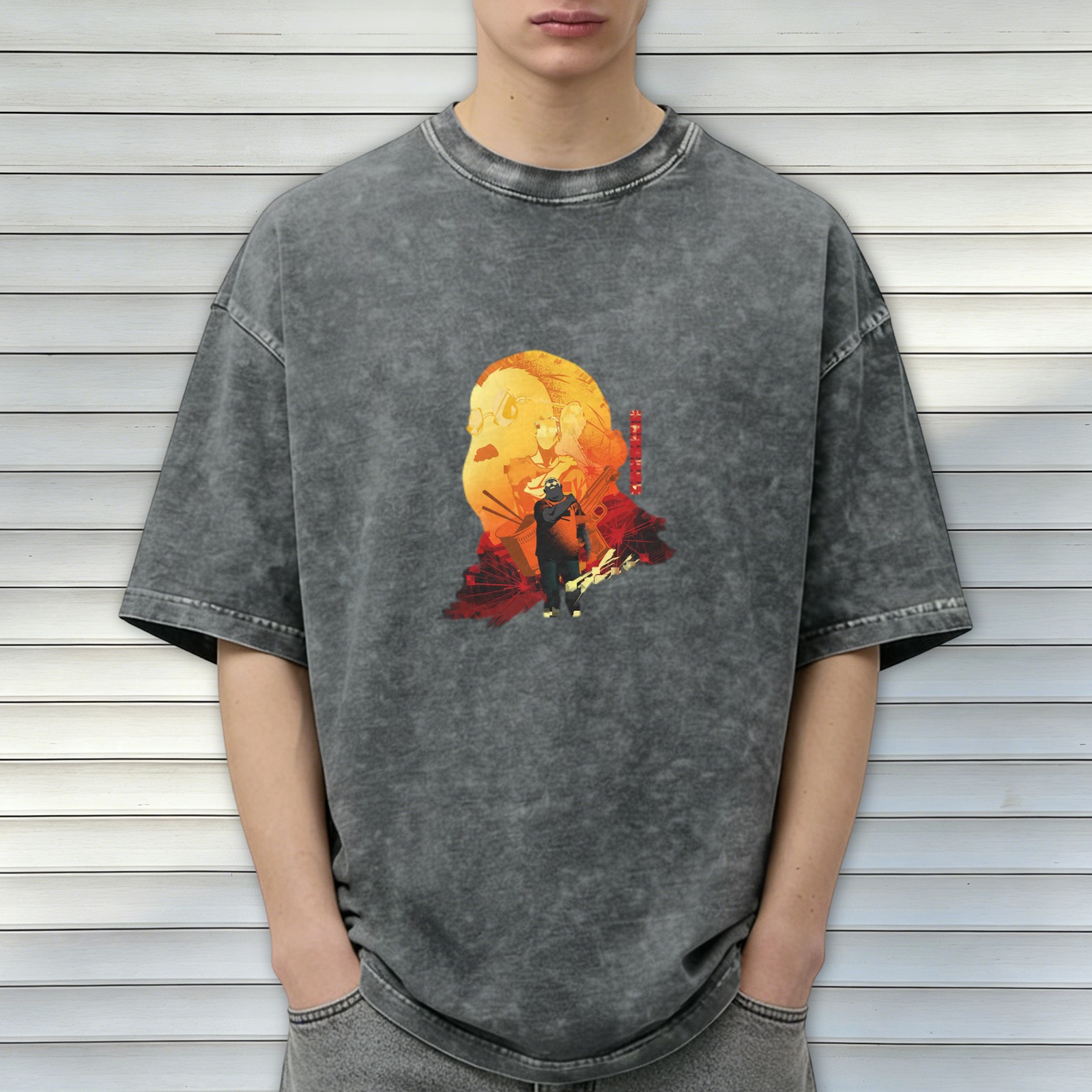 Oversized Acid Wash Anime Graphic T-Shirt