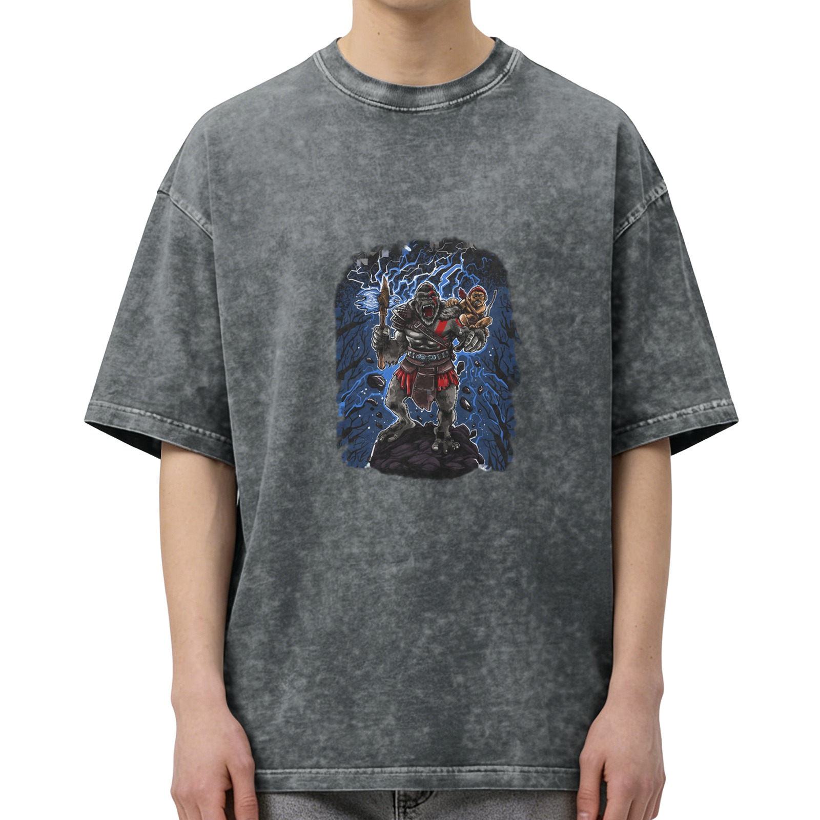 Washed black oversized t-shirt with gorilla warrior graphic print