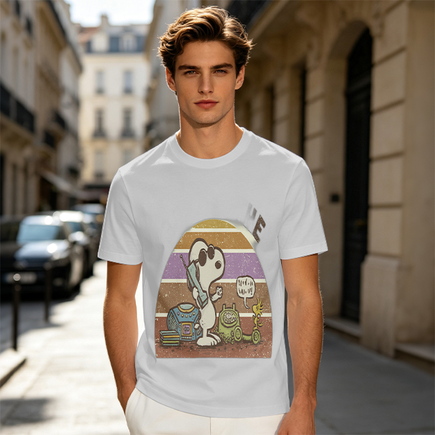 Olive T-Shirt with Snoopy Retro Phone Call Graphic