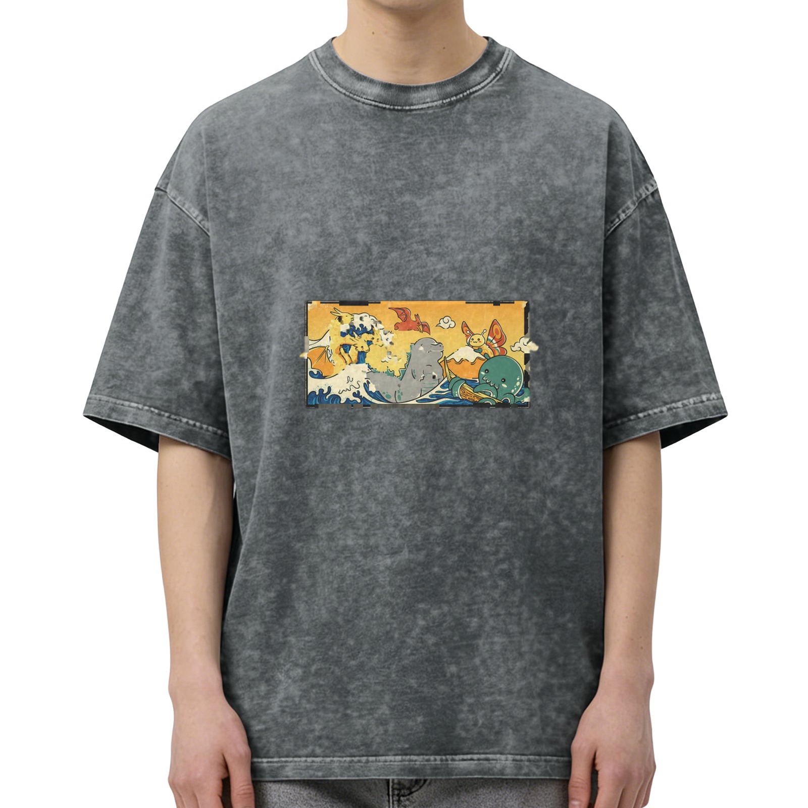 Washed Black Oversized T-Shirt with Cute Monster Wave Graphic