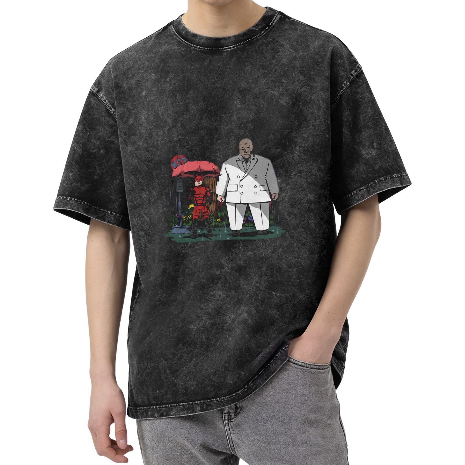 Washed black graphic t-shirt with Daredevil and Kingpin in rain
