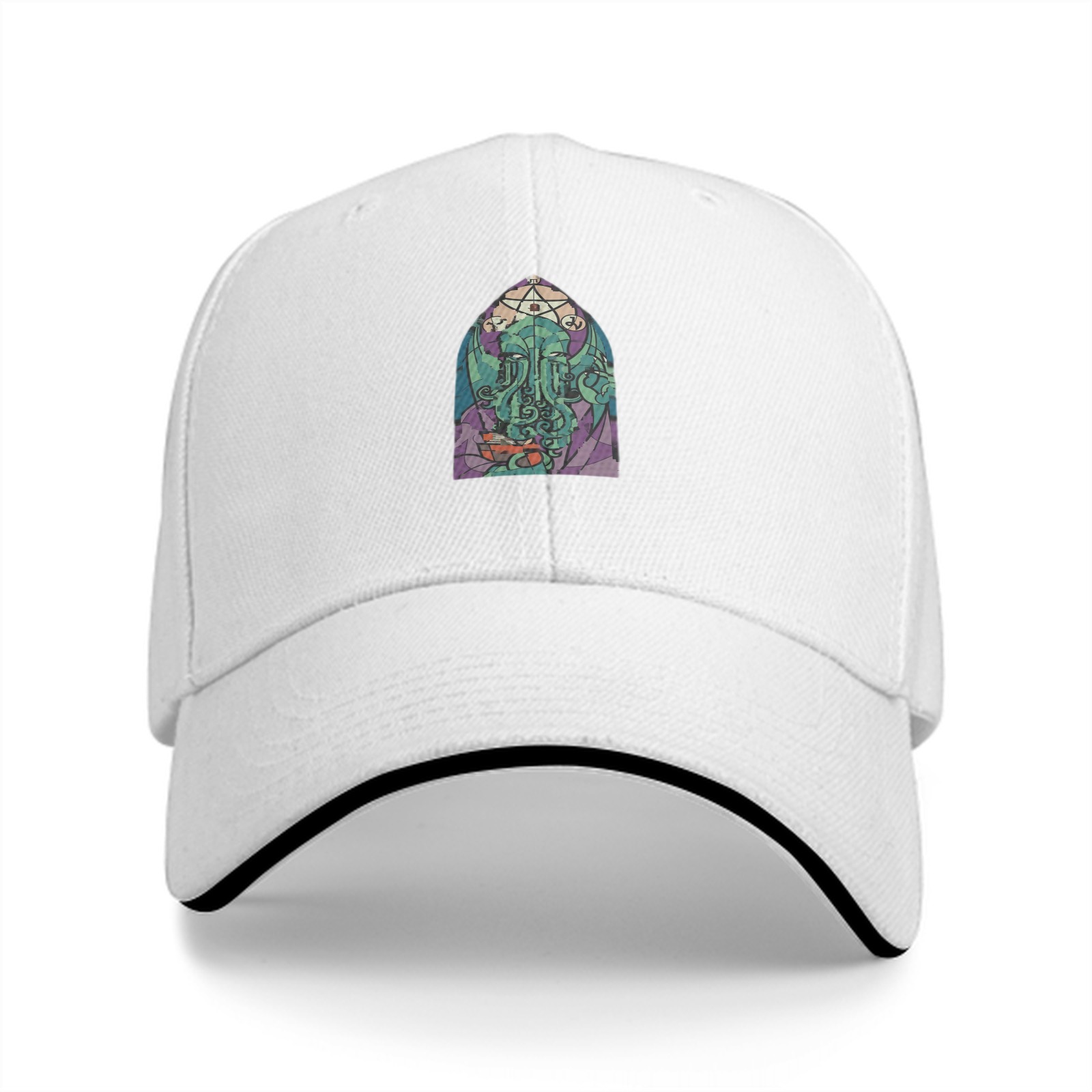 Black Baseball Cap with Cthulhu Stained Glass Style Graphic