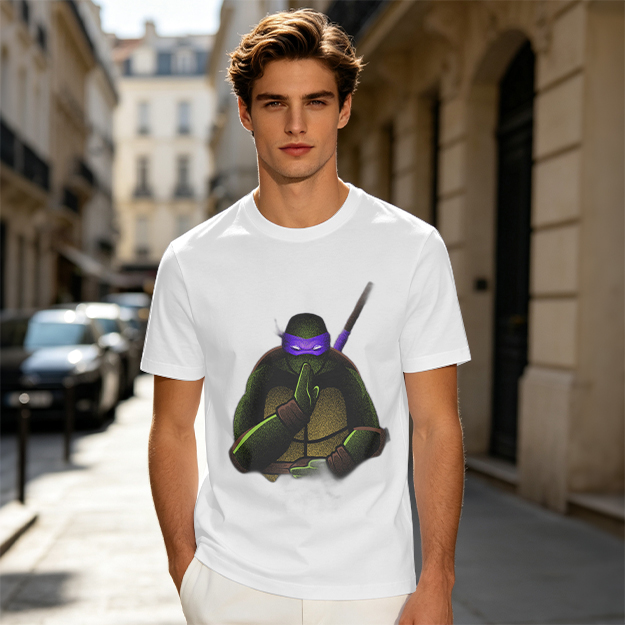 Olive Green T-Shirt Featuring Purple Masked Ninja Turtle Graphic