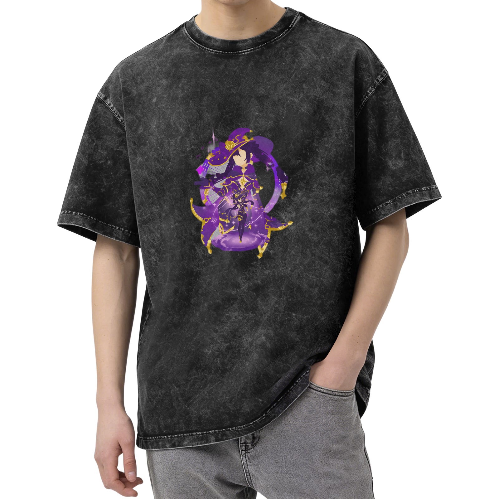 Washed Black Oversized T-Shirt with Fantasy Witch Character Print