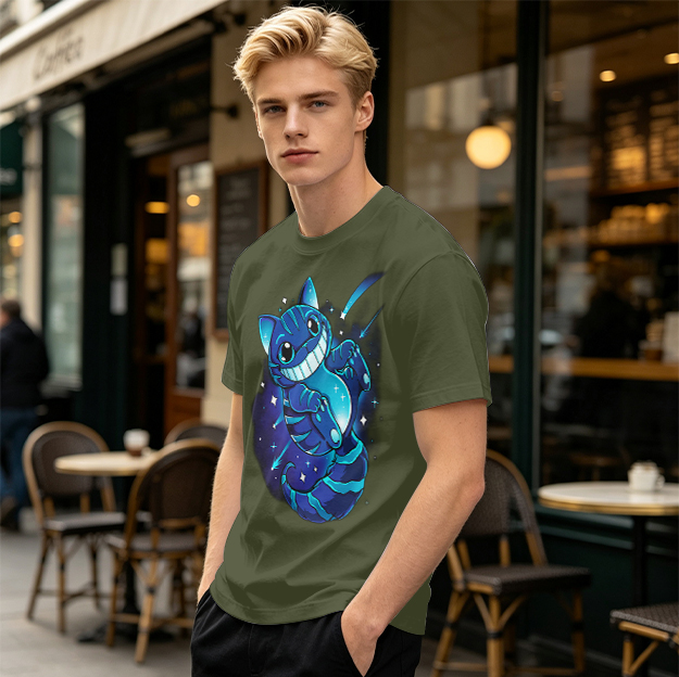 Olive T-shirt with Galaxy Cheshire Cat Graphic Print
