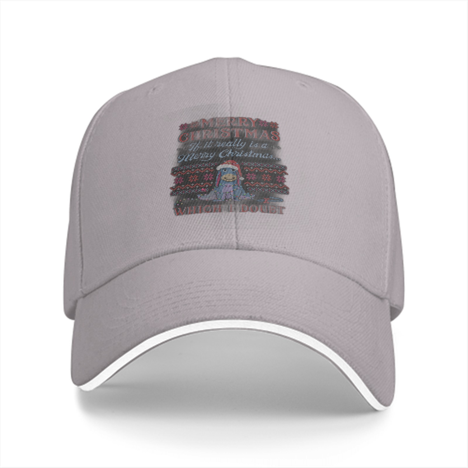 Black baseball cap with skeptical Eeyore Christmas print