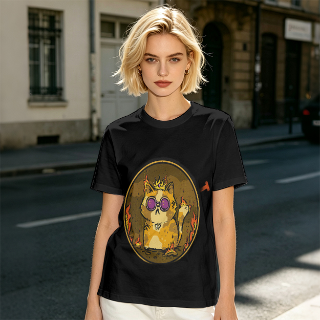 Olive T-Shirt With Flaming Royal Cat Wearing Sunglasses Print