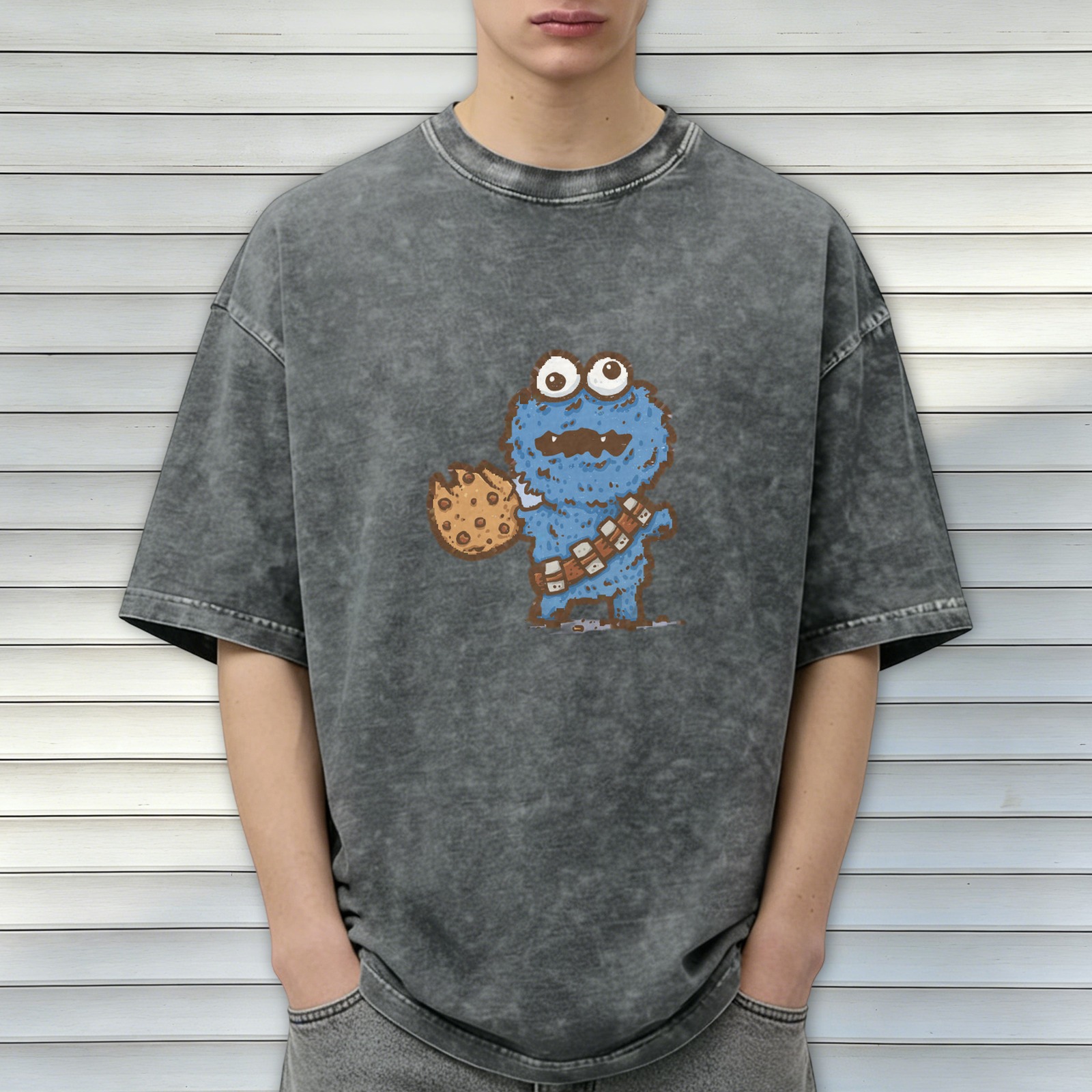 Washed Black T-Shirt with Cookie Monster Holding a Cookie Graphic