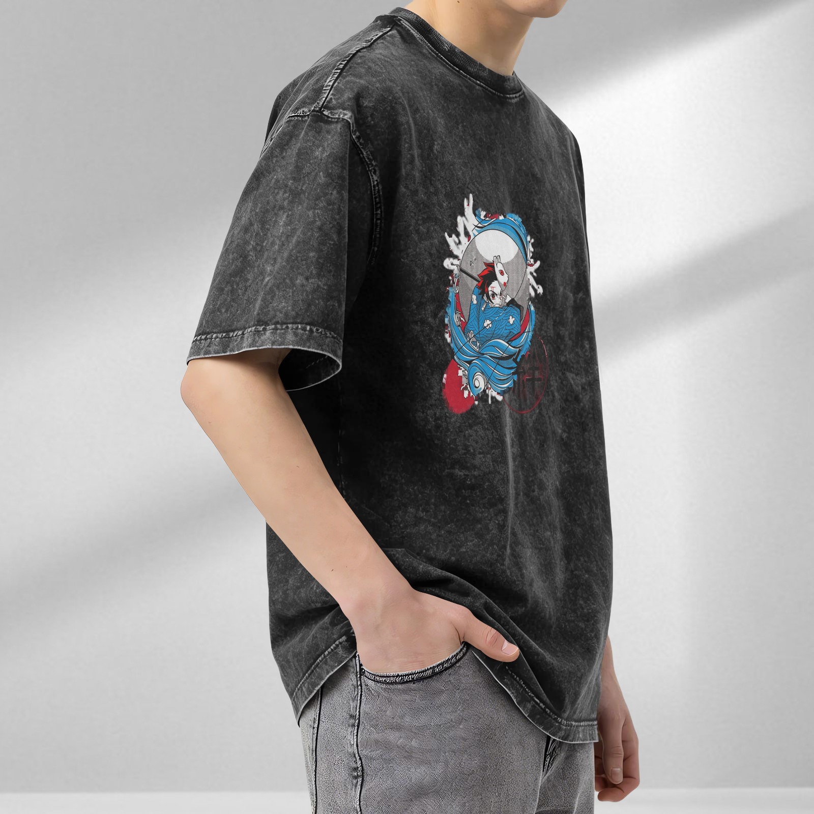 Oversized Washed Black Anime Graphic T-Shirt featuring Demon Slayer Tanjiro Kamado with Warding Mask Design