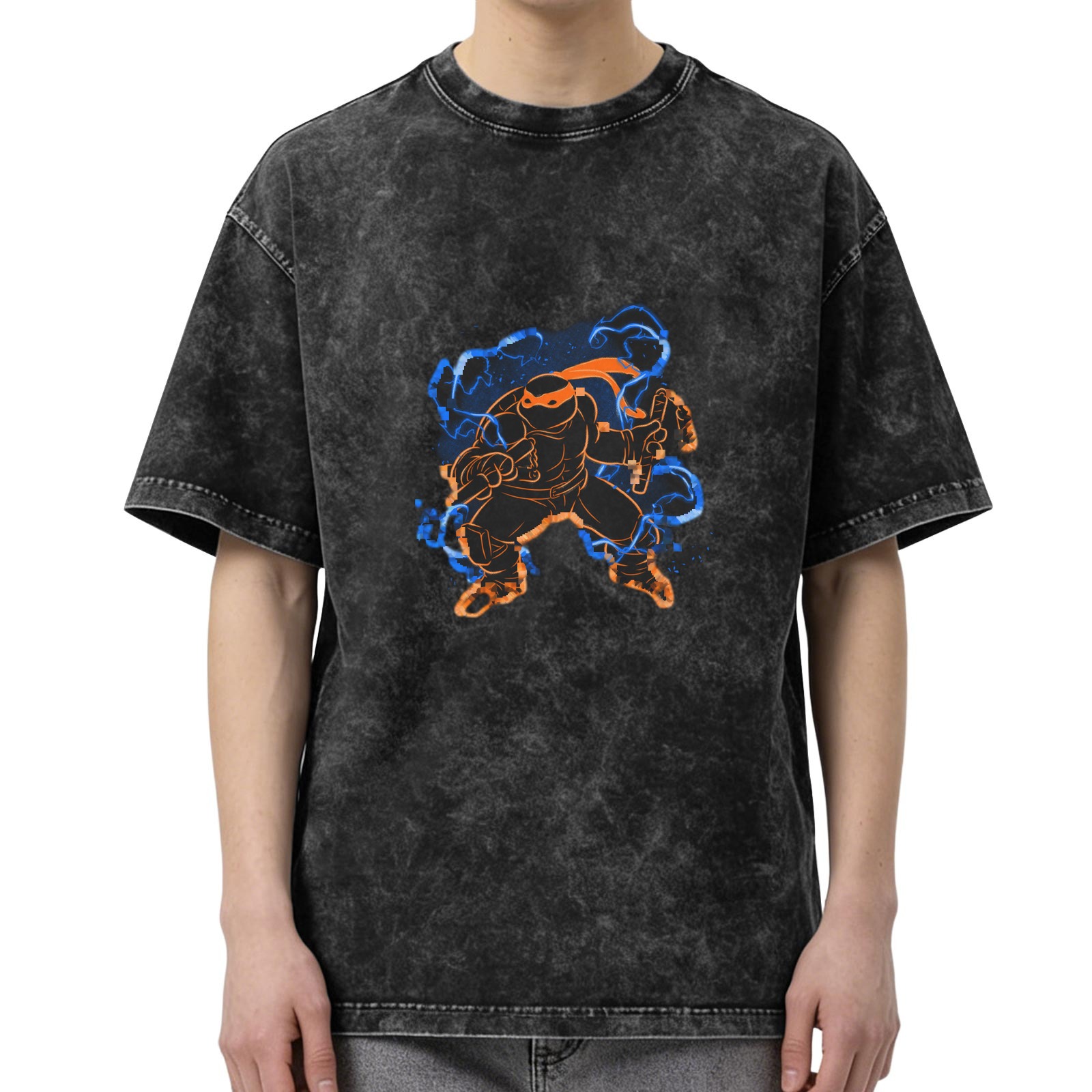 Oversized Dark Wash T-Shirt With Neon Ninja Turtle Graphic