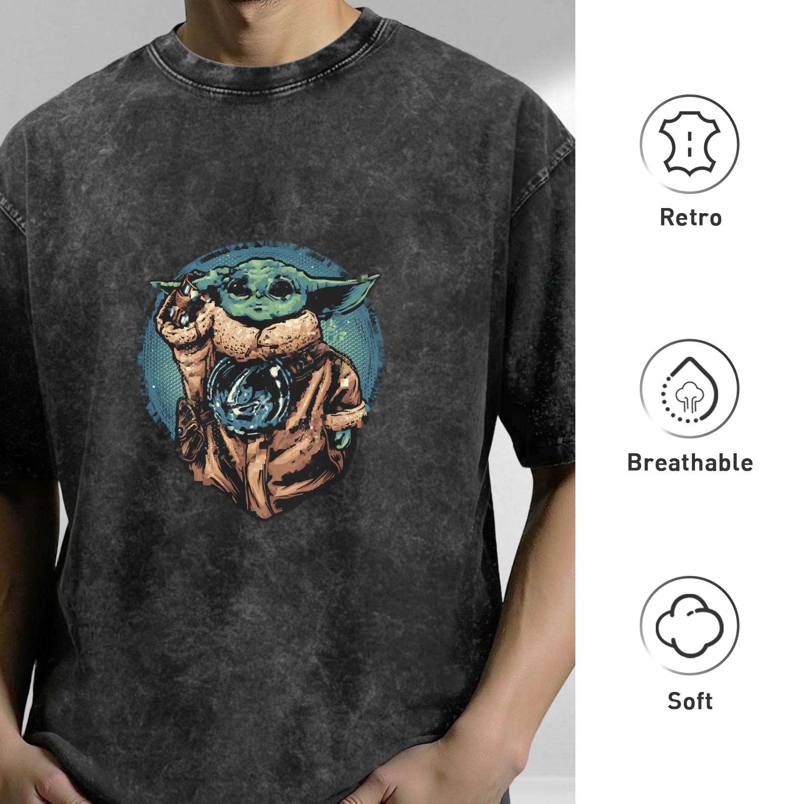 Washed Black T-Shirt Featuring Baby Yoda Graphic