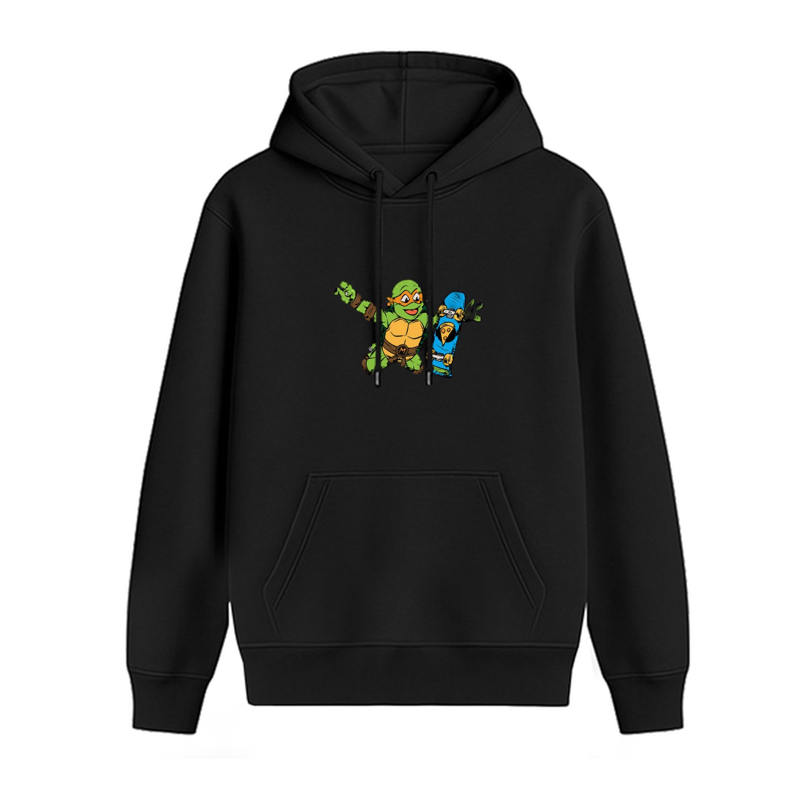 Black hoodie with cartoon ninja turtle and skateboard graphic