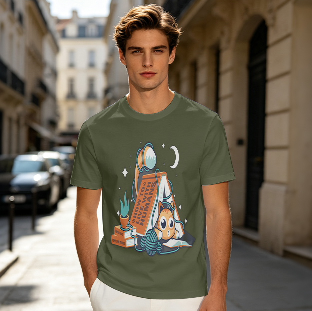 Olive T-Shirt With Cat Reading How To Live With Humans Artwork