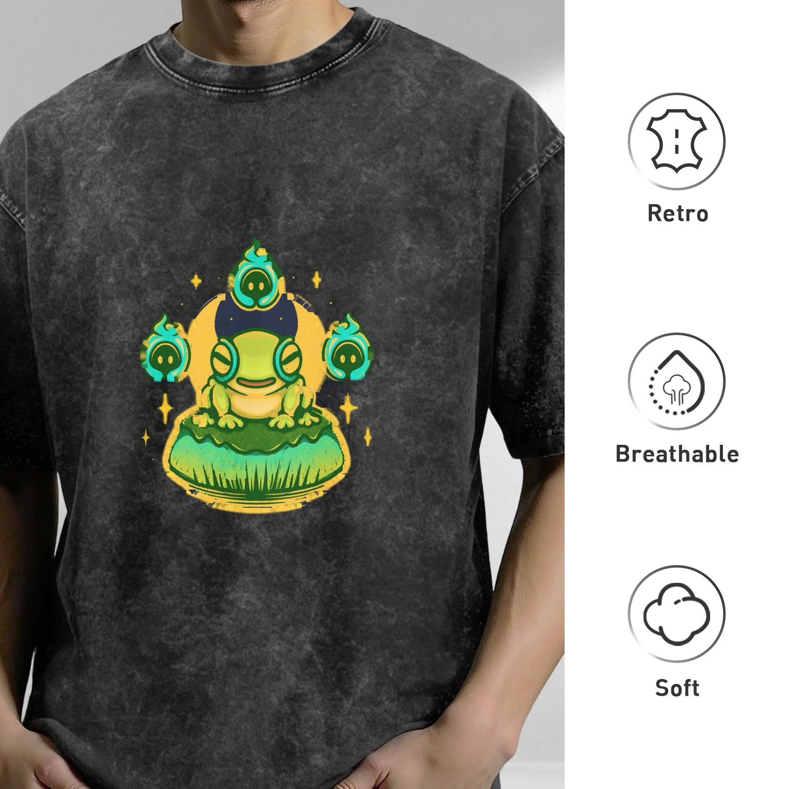 Oversized Acid Wash T-Shirt with Cute Frog and Ghost Flames Graphic