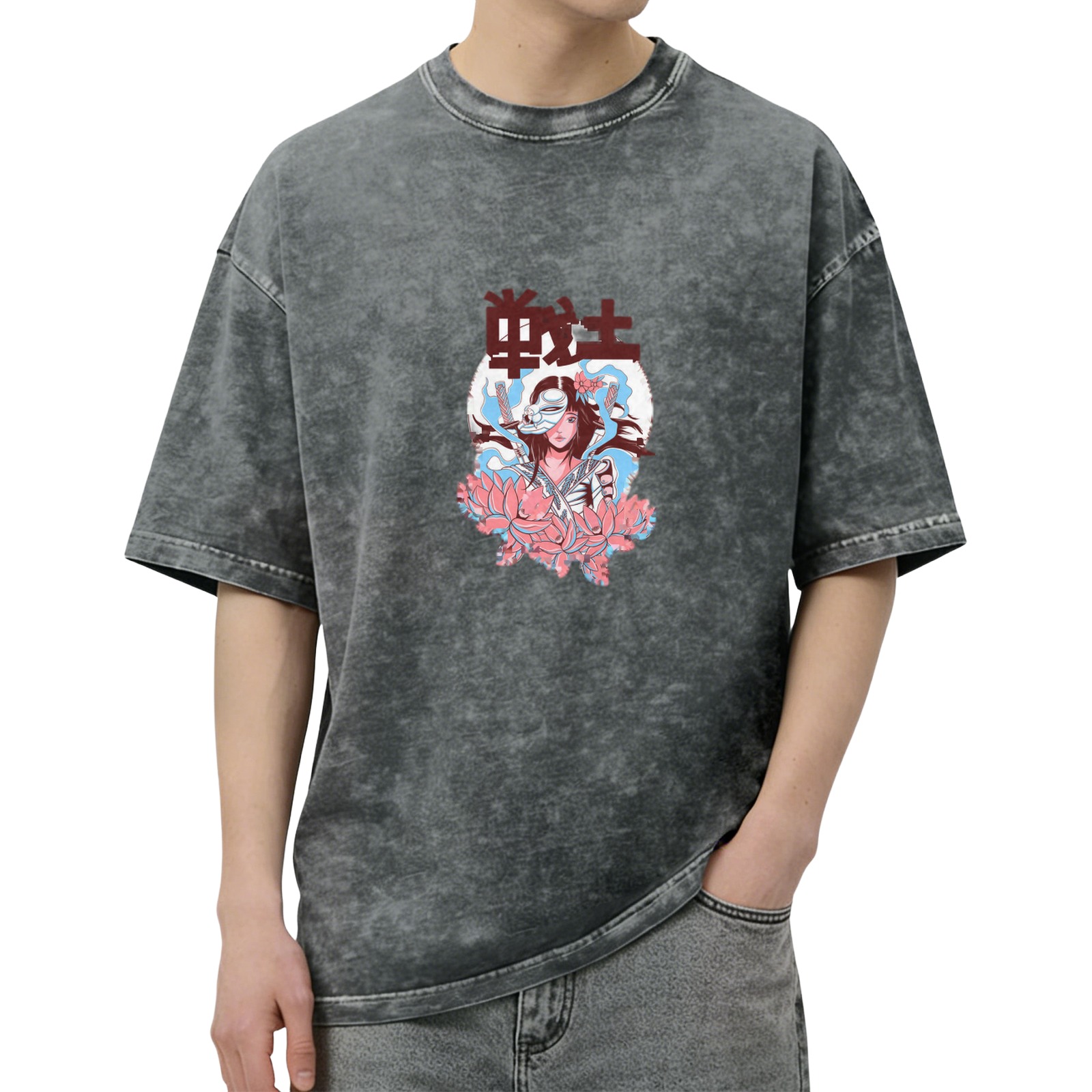 Oversized dark washed t-shirt with anime warrior girl and lotus print
