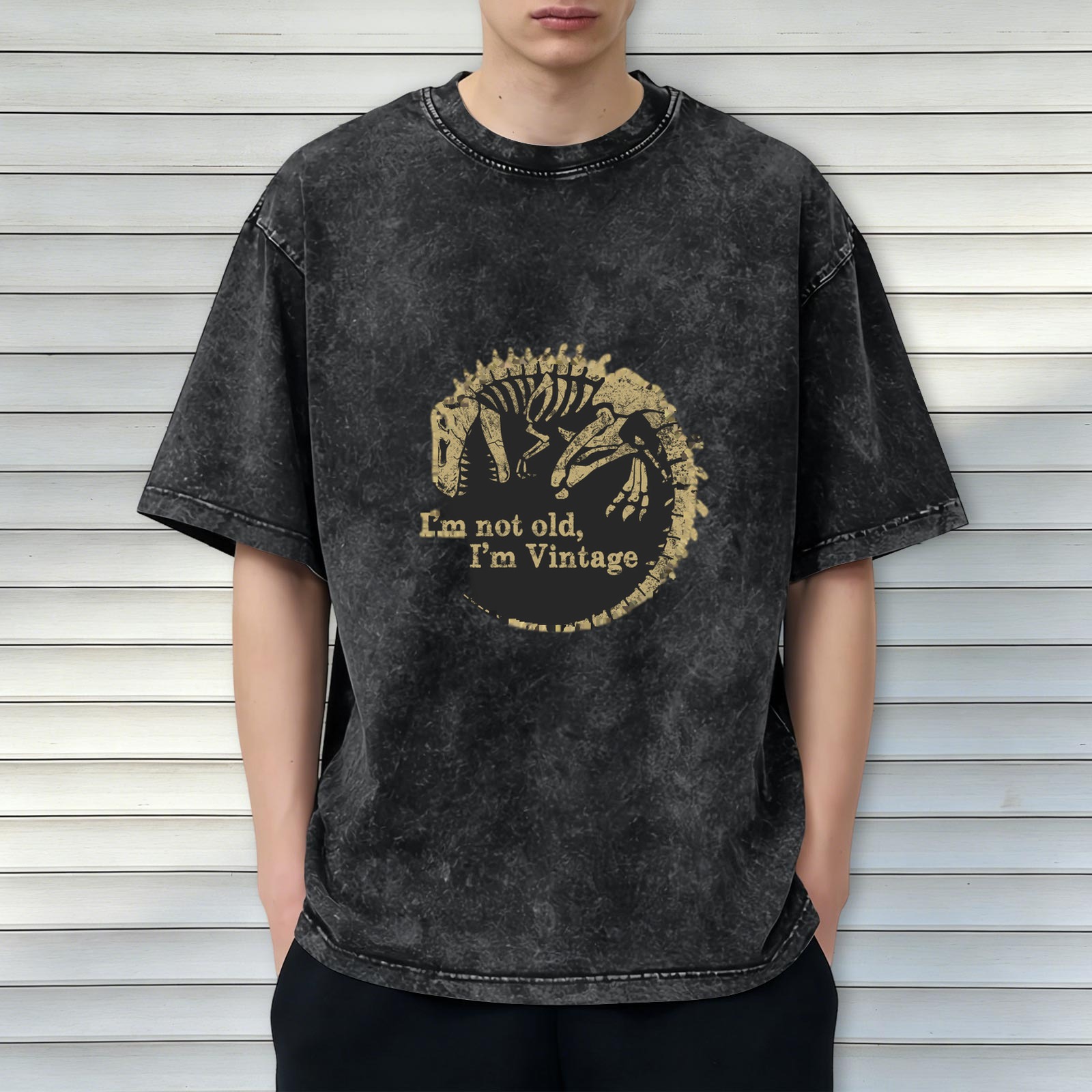Vintage Washed T-Shirt with Dinosaur Skeleton 'I'm Not Old I'm Vintage' Print