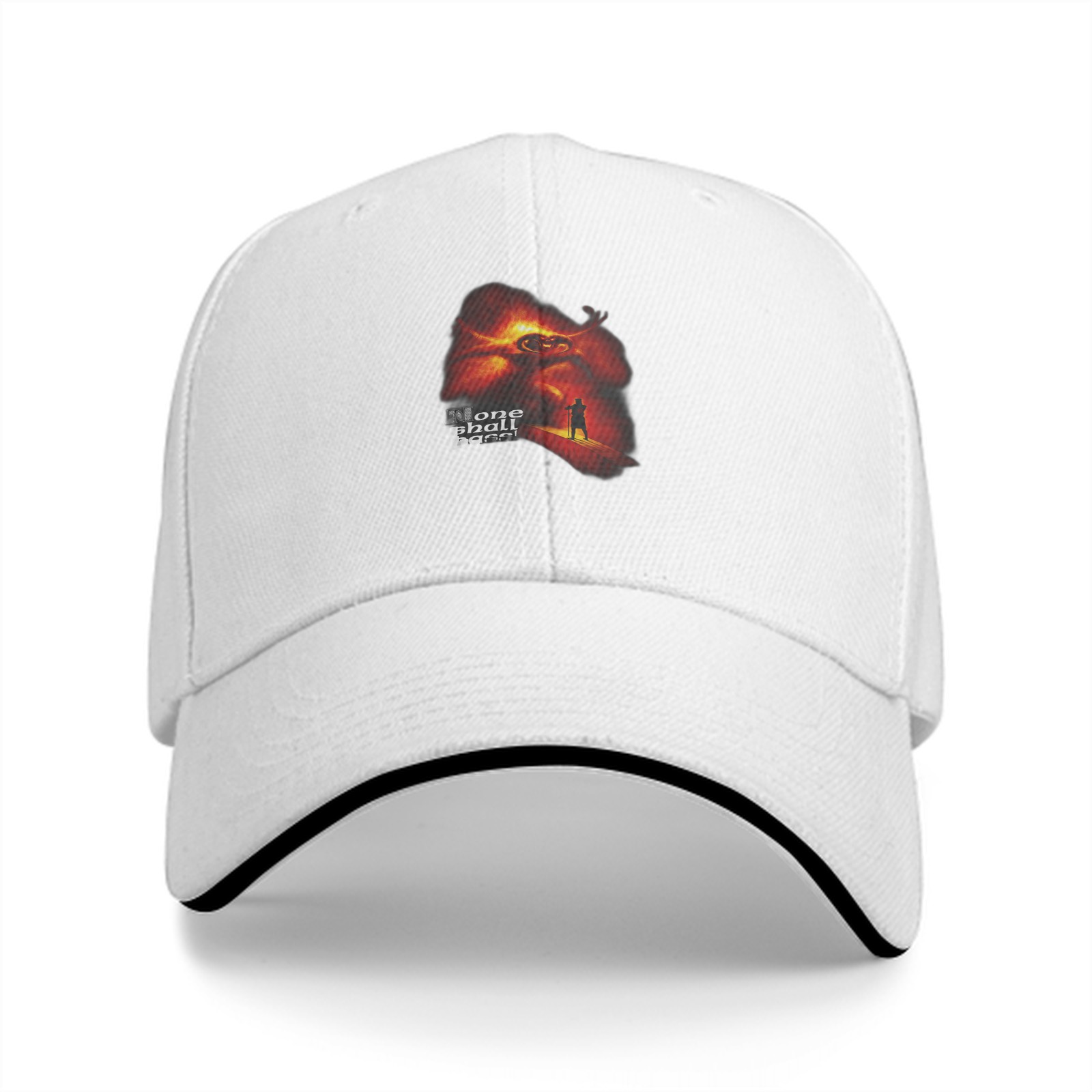 Black baseball cap with fiery fantasy graphic print