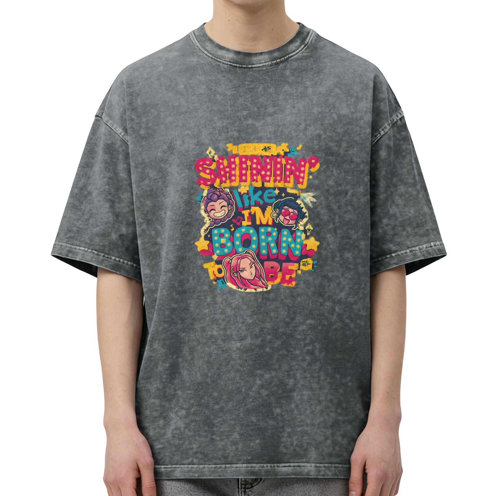 oversized washed black graphic t-shirt with shinin like im born to be print
