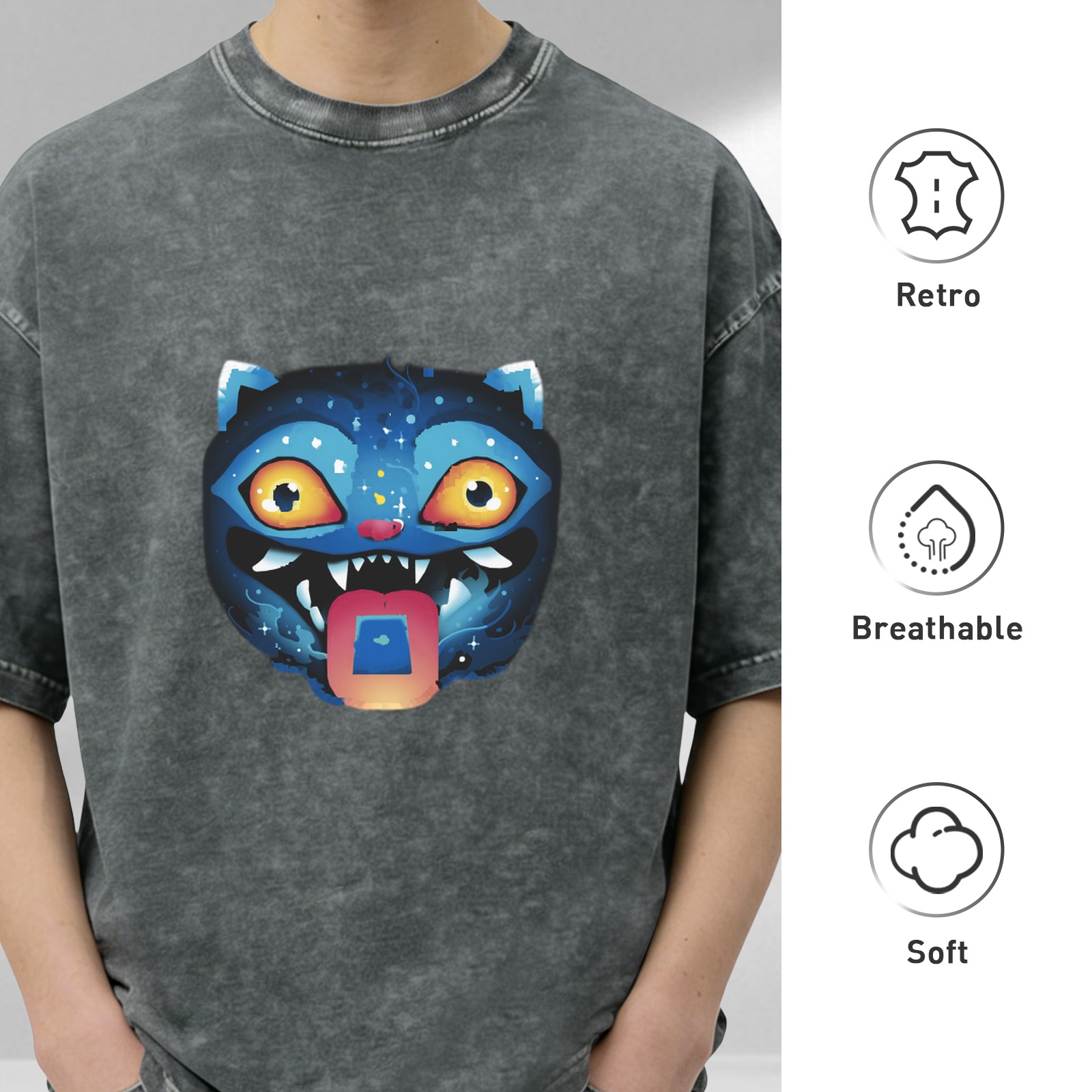 Oversized Acid Wash T-Shirt With Cosmic Blue Monster Cat Graphic