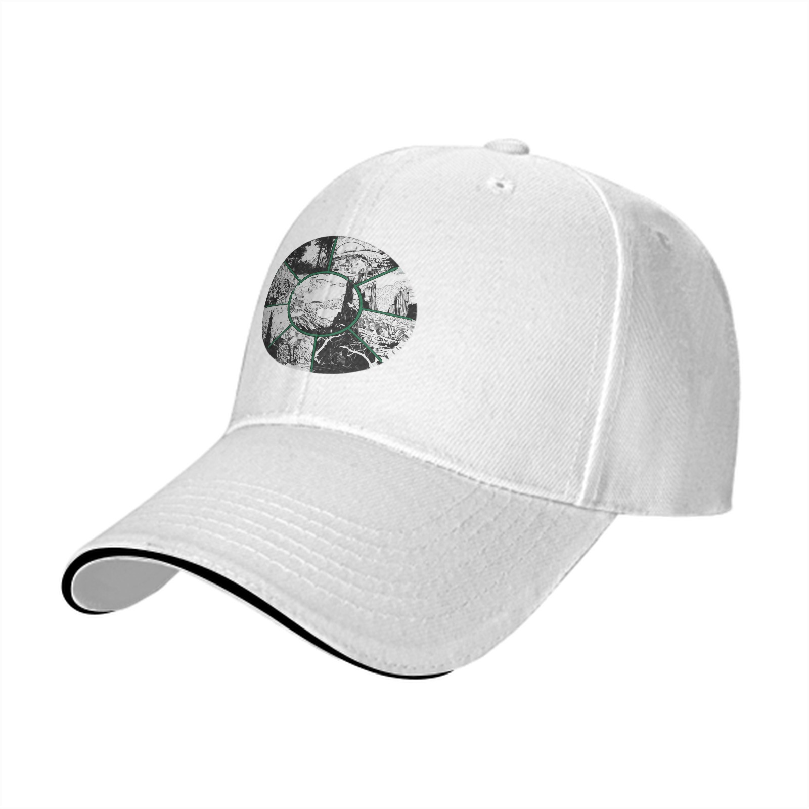 Black Baseball Cap With Circular Nature Landscape Graphic