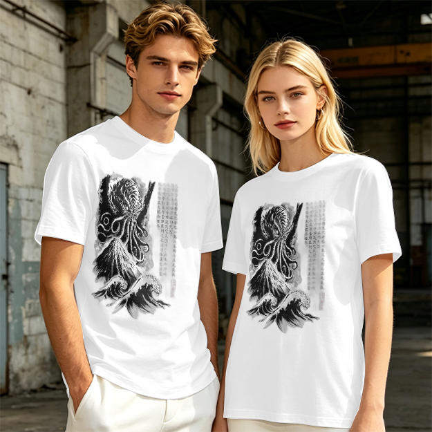 Olive T-shirt with Cthulhu and Wave Gothic Art Print