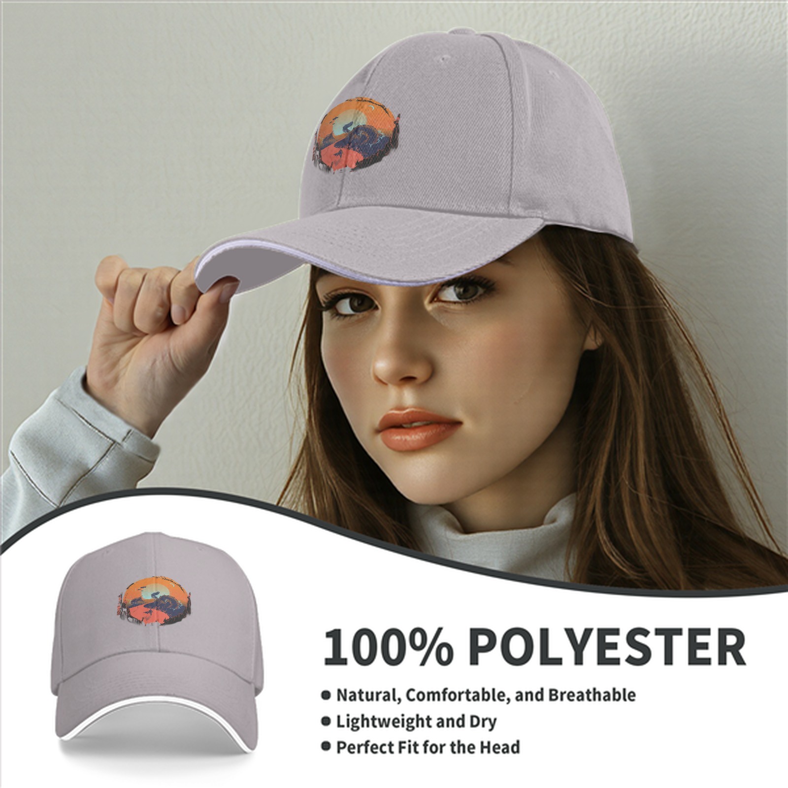 Black Baseball Cap with Sunset Landscape Graphic Print