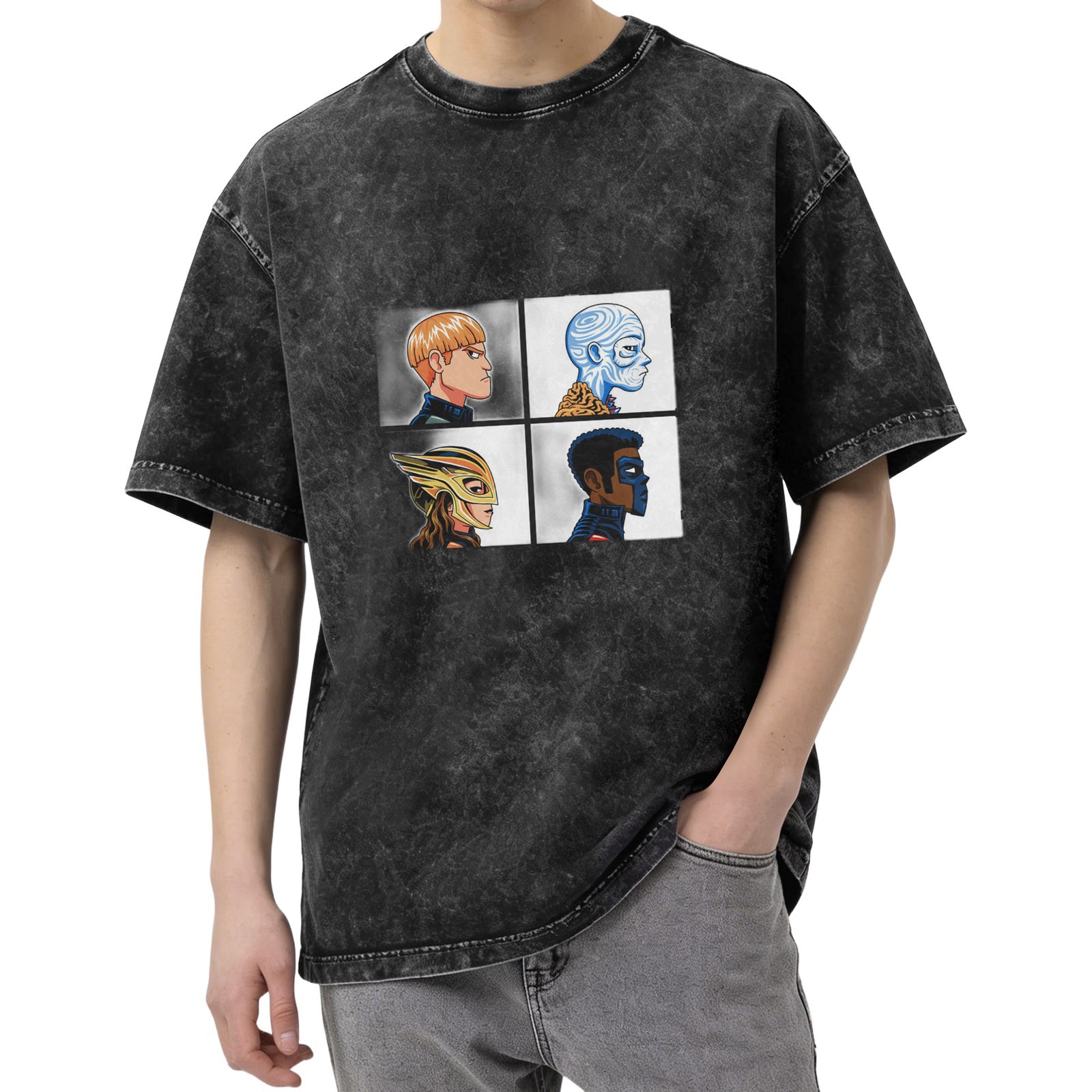 Oversized Dark Wash T-Shirt With Four Superhero Character Portraits