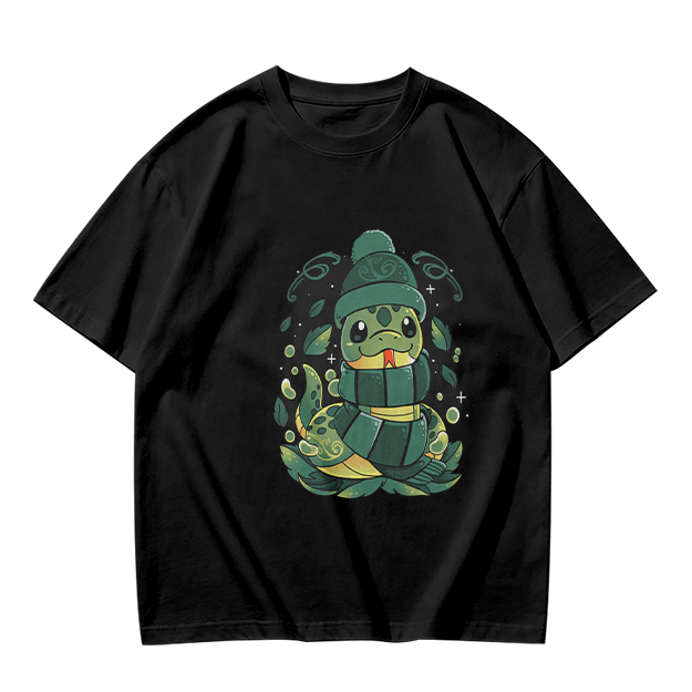 Olive Green T-Shirt With Cute Cartoon Snake Graphic
