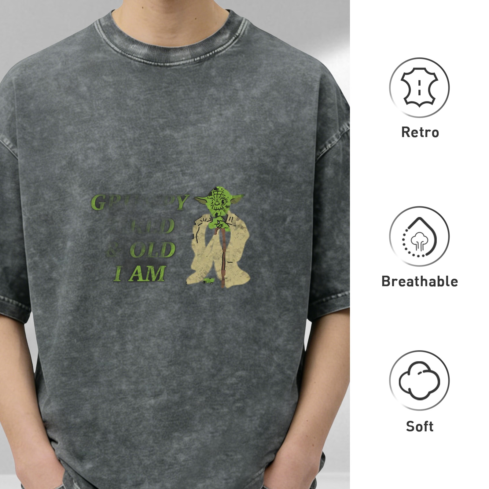 Worn black acid wash t-shirt with Yoda 'Grow Old I Am' print
