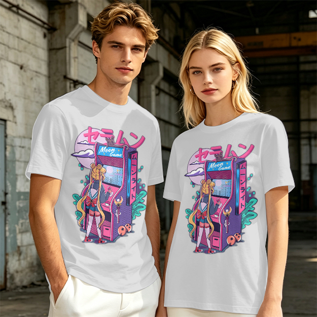 Anime girl playing moon arcade game graphic tee