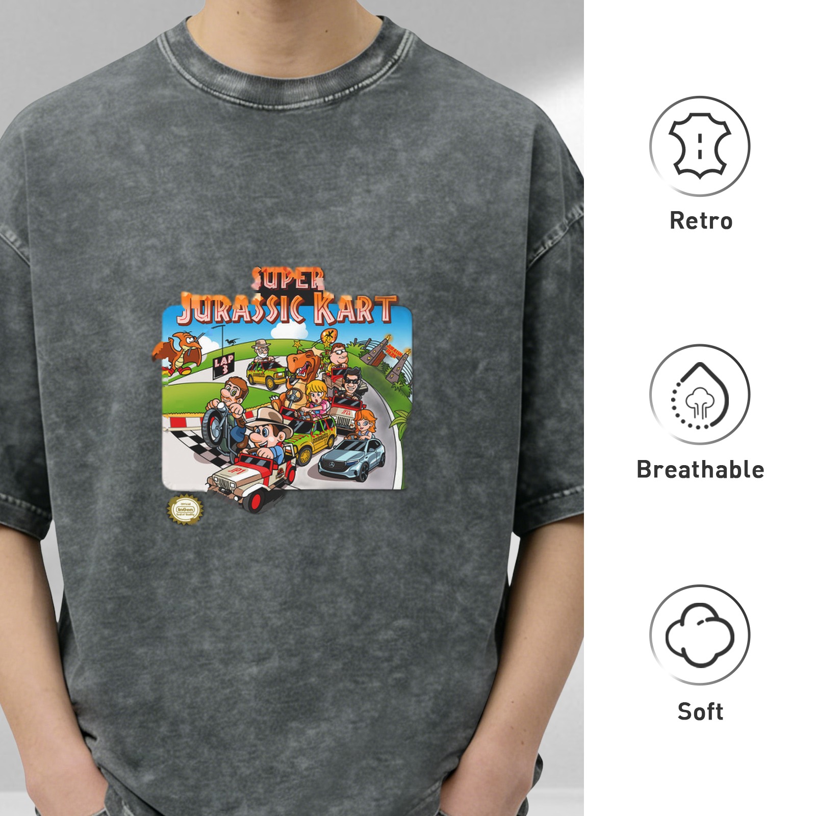 Super Jurassic Kart retro washed distressed printed short-sleeved T-shirt men's loose casual top