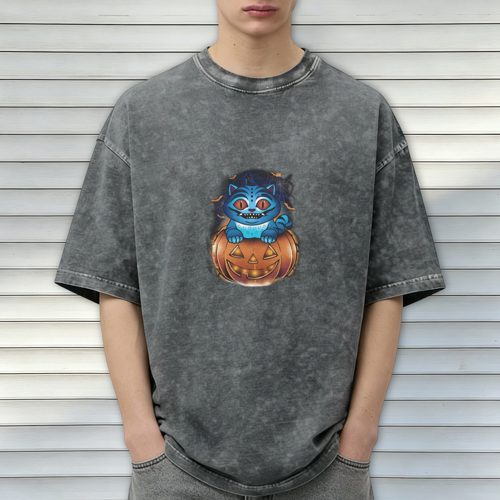 Oversized Dark Wash T-Shirt With Cheshire Cat Jack-O'-Lantern Graphic