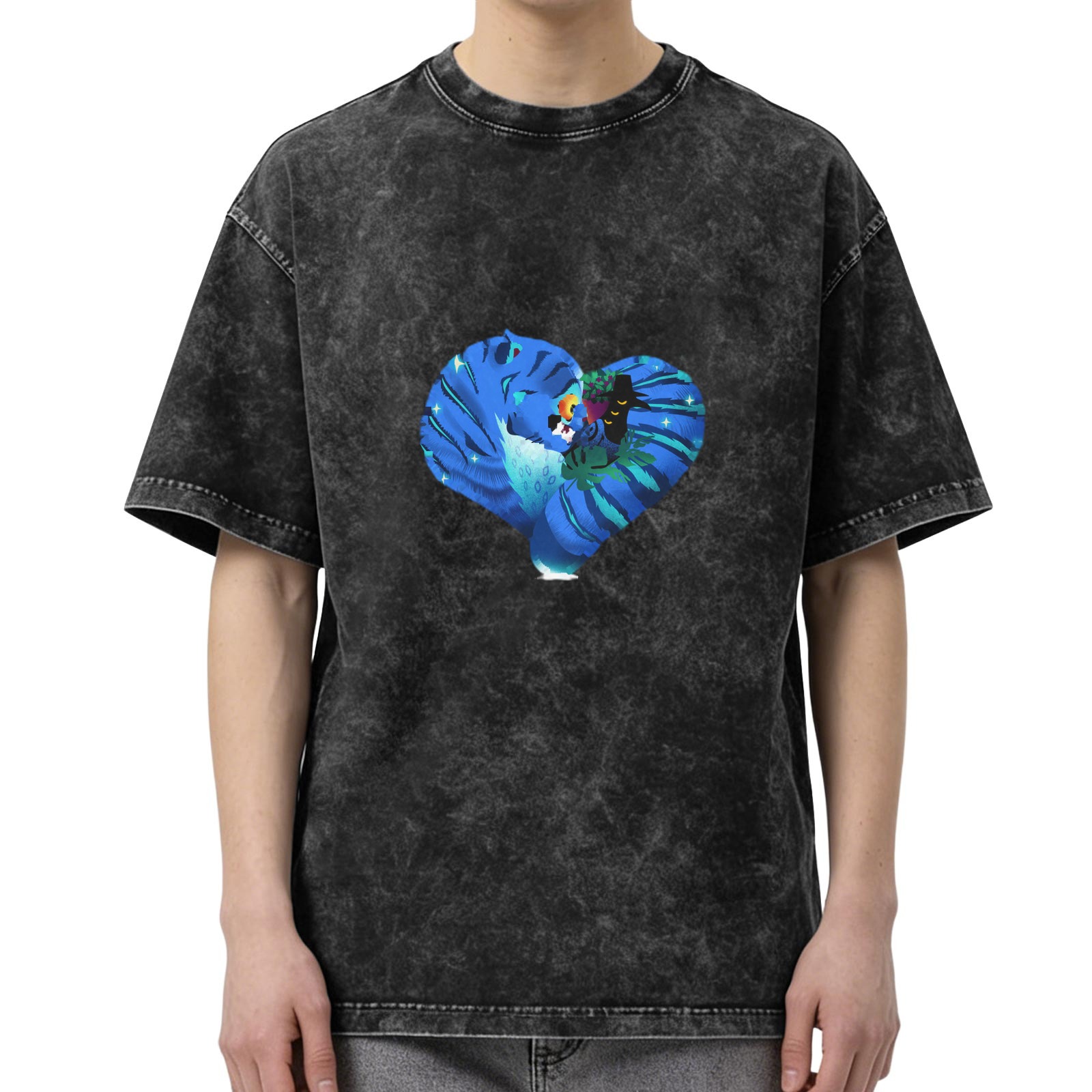 Washed Black T-Shirt With Heart Shaped Peacock Graphic