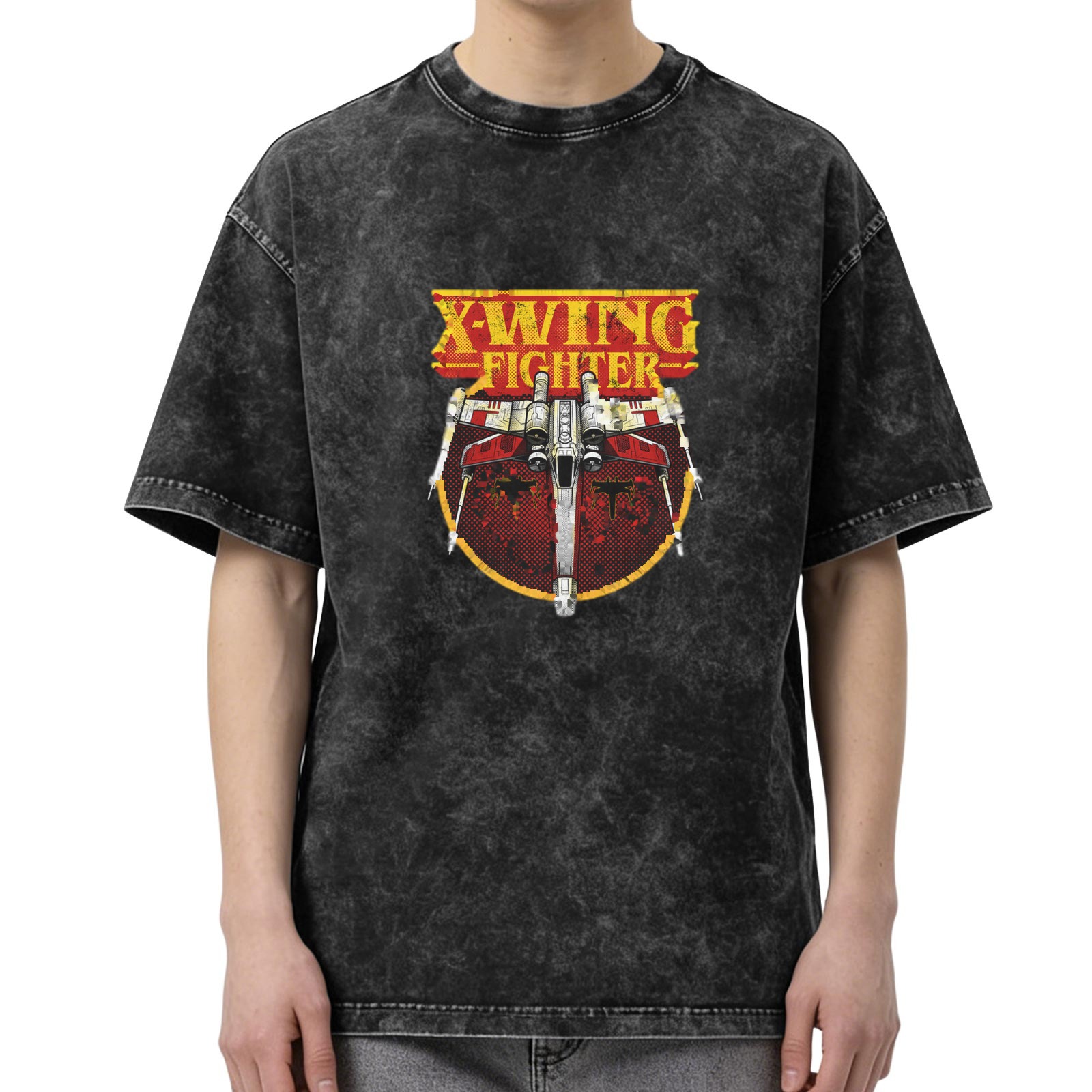 Oversized Dark Wash T-Shirt with X-Wing Fighter Graphic
