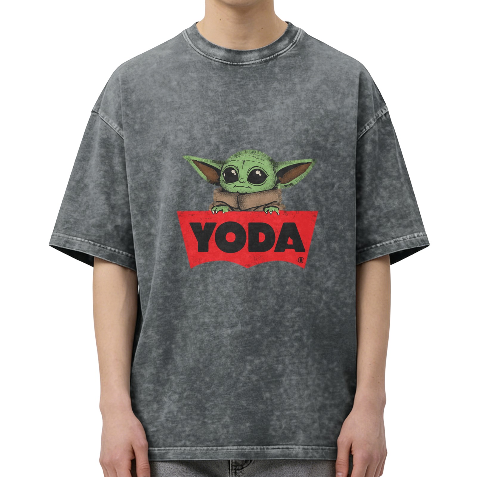 Baby Yoda Graphic Black Acid Wash Cotton T-Shirt