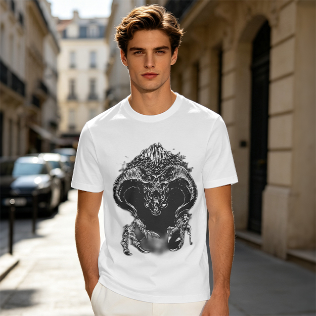 Olive T-Shirt With Dark Fantasy Demon Monster Graphic Print