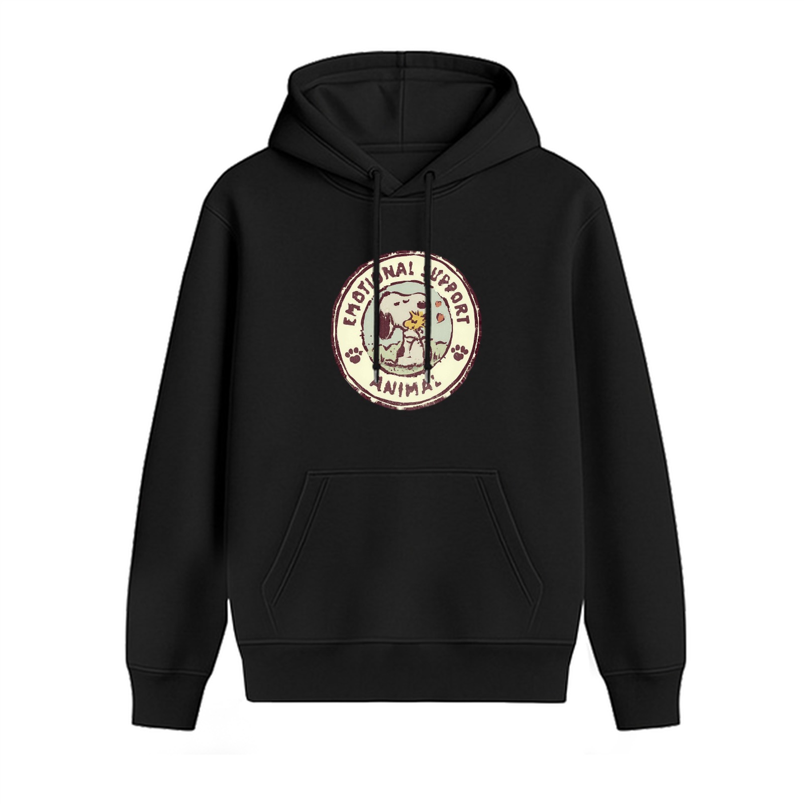 Black hoodie with Snoopy emotional support animal graphic