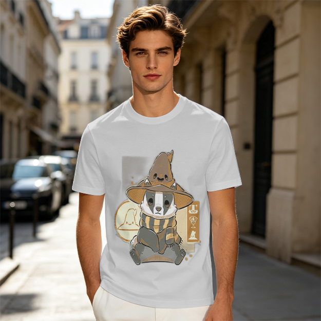Olive T-Shirt With Cute Wizard Badger Graphic Print