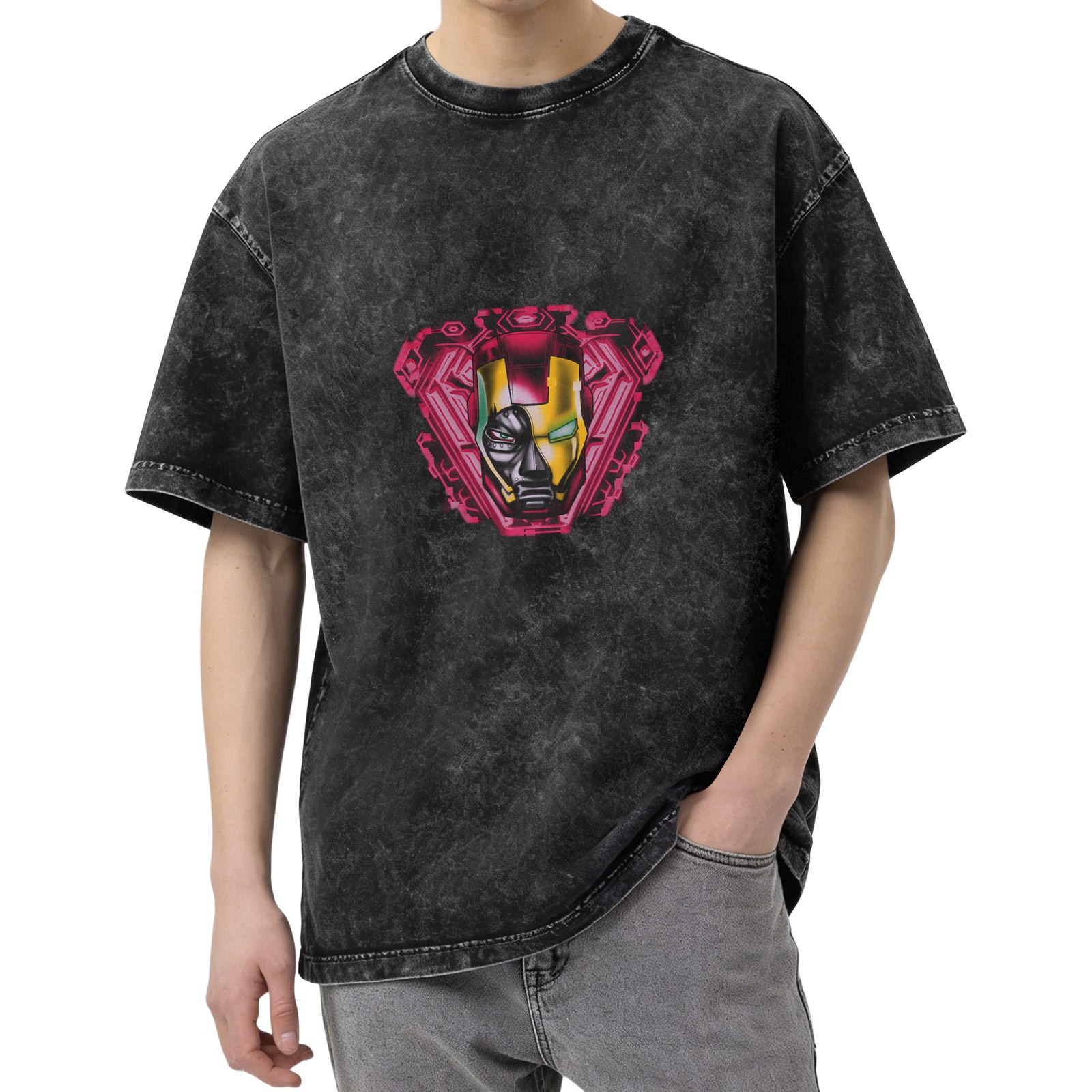 Oversized Acid Wash T-Shirt With Iron Man Graphic