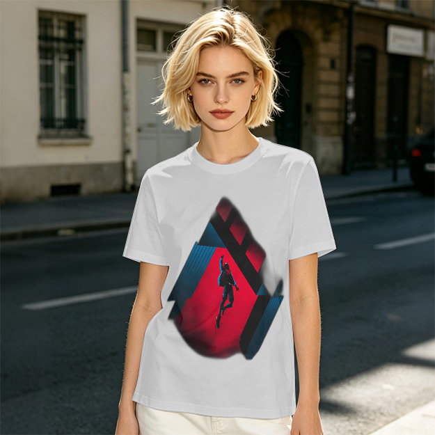 Olive T-shirt with Spider-Man mid-swing over city buildings