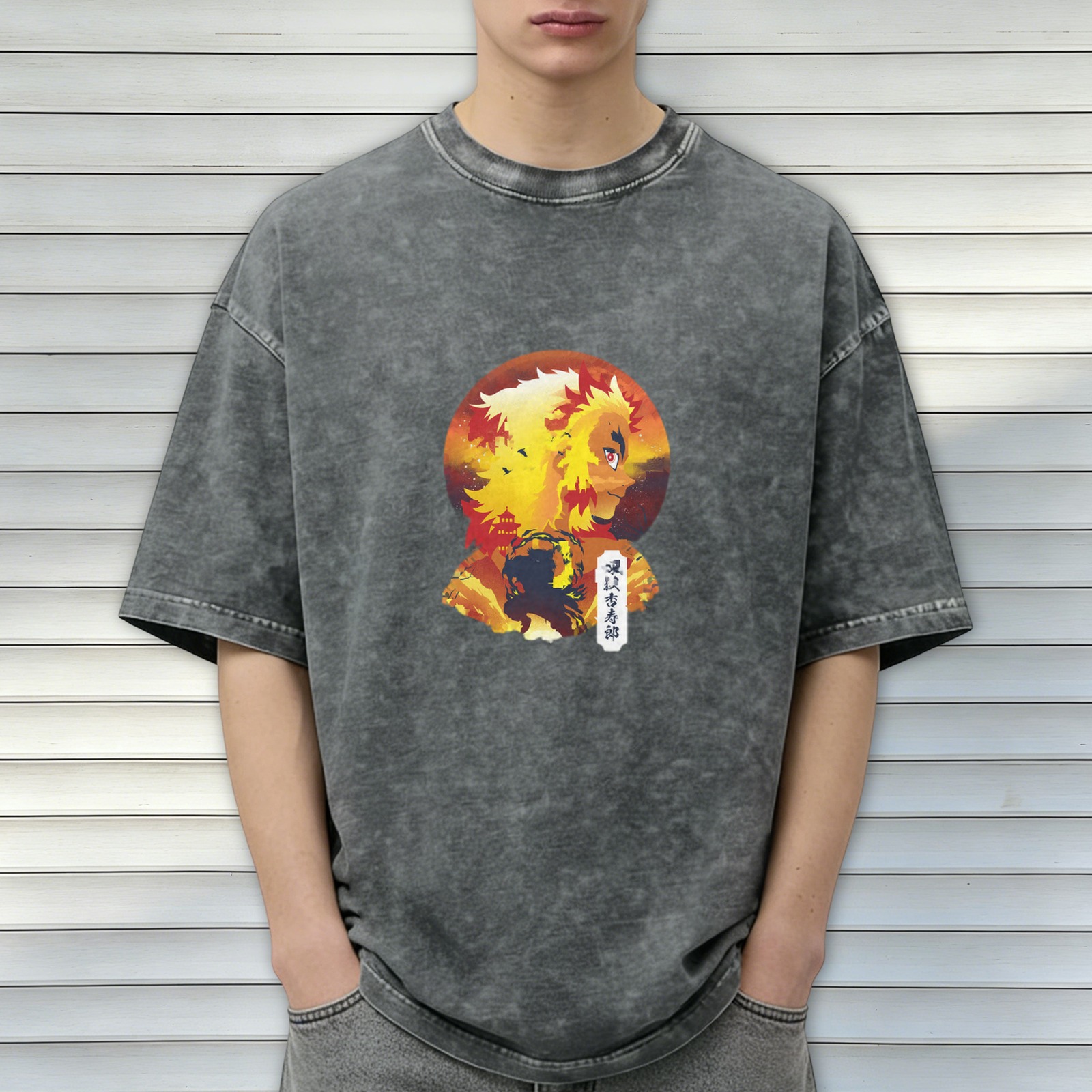 Demon Slayer Rengoku Kyoujurou Flame Hashira Anime Graphic Vintage Wash T-Shirt