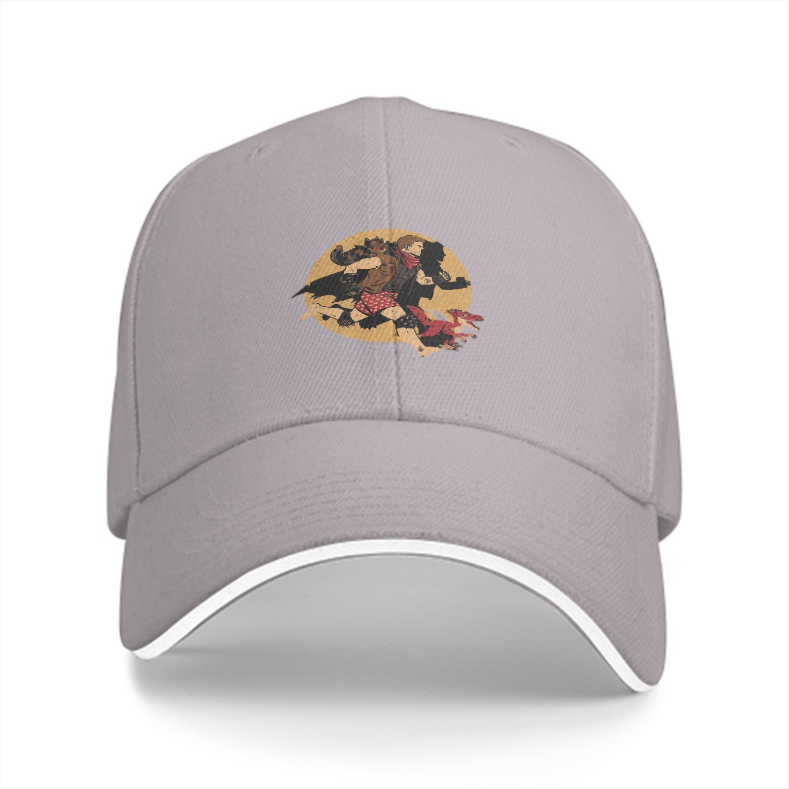 Black baseball cap with running fantasy character graphic print