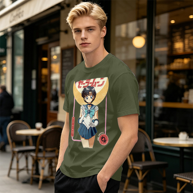 Olive T-shirt with Sailor Mercury anime graphic print