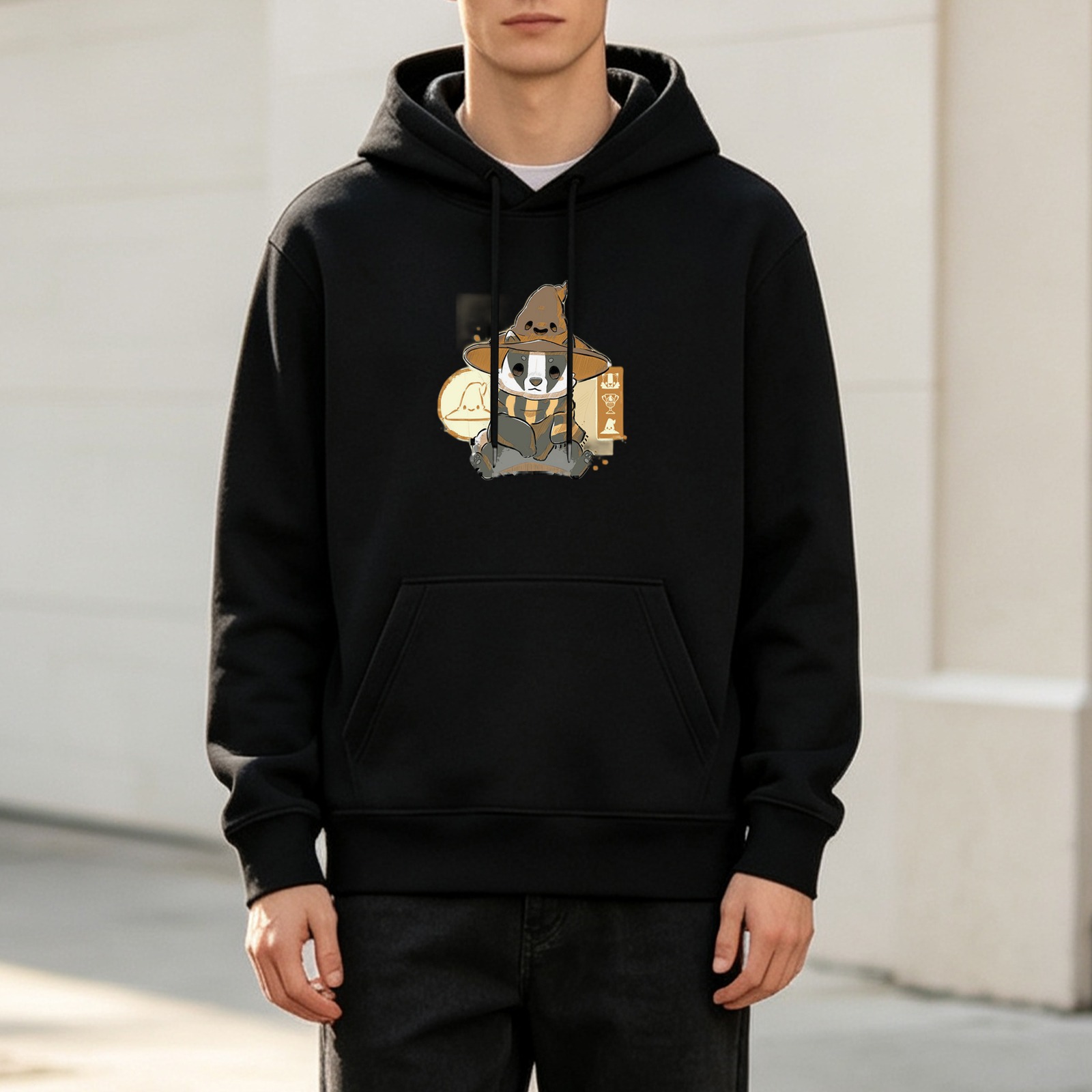Black Hoodie With Cute Badger In Wizard Hat Graphic